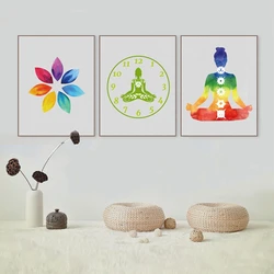 Colorful Lotus Flower Yoga Wall Art Print Poster , Watercolor Chakras Yoga Om Meditation Picture Canvas Painting Home Decoration