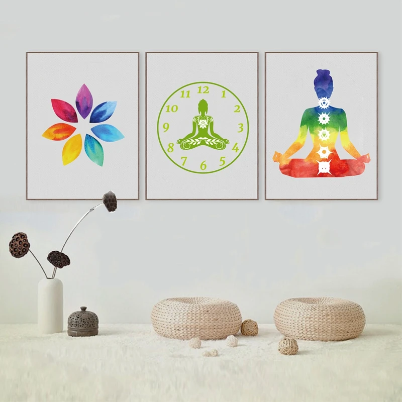 Colorful Lotus Flower Yoga Wall Art Print Poster , Watercolor Chakras Yoga Om Meditation Picture Canvas Painting Home Decoration