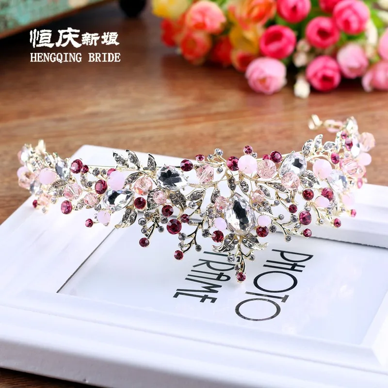 New white pink beads bridal crowns handmade tiara bride headband crystal rhinestone diadem queen crown wedding hair accessories
