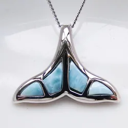 925 Sterling Silver Jewelry Natural Dominica Larimar Pendant Cute Whale Tail Charm Pendant for man and women