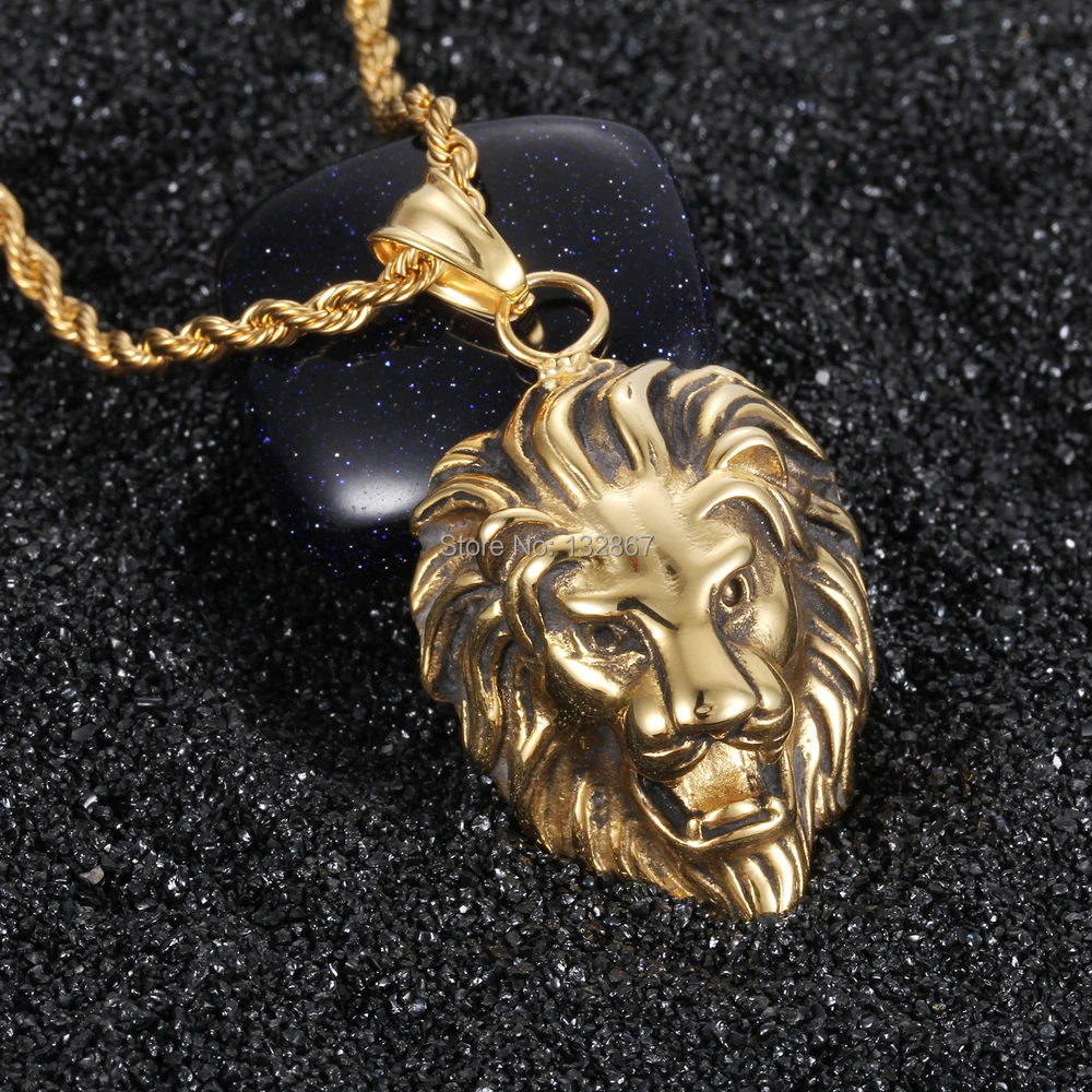 Classical Jewelry Gift Large Stainless Steel Biker Gold Lion Heads King Pendant Mens' Necklace 24inch 4mm