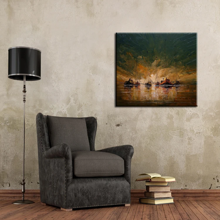 Professional Artist Handmade High Quality Dark Colors Abstract Seascape Warship Oil Painting On Canvas For Friends Unique Gift