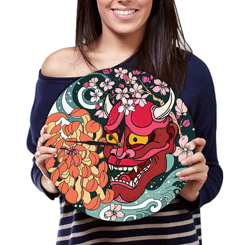 Gothic Red Oni Demon Mask Wall Clock Japanese Sakura Peony Flower Wall Art Japan Sherpa Evil Red Death Home Decor Clock Watch