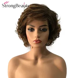 StrongBeauty Short Curly Hairstyle Wigs Synthetic Hair Capless Black/Brown Mix Heat Resistant Women Wig