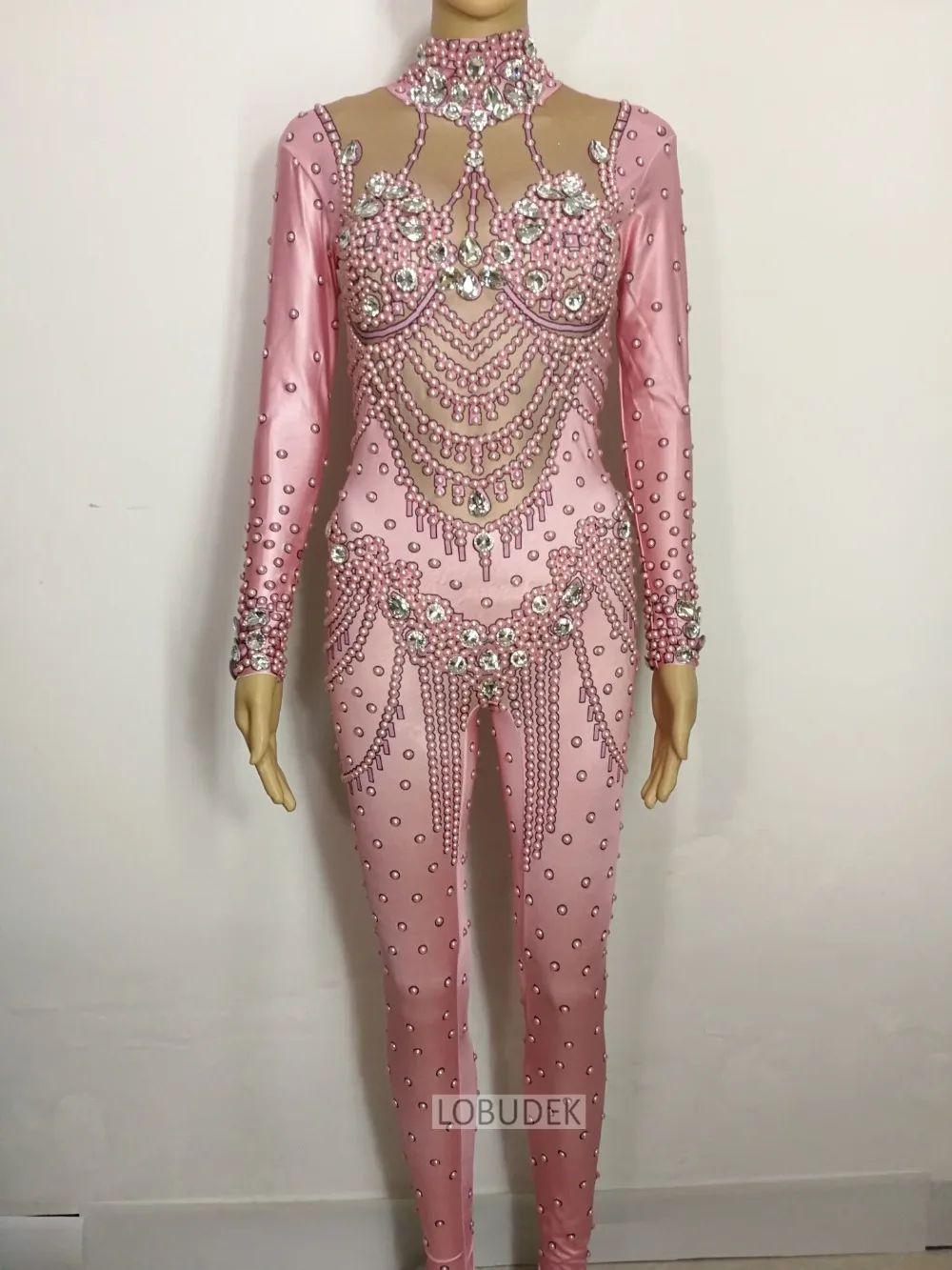 Pink Pearl Crystal Tight Jumpsuit Beading Rhinestone Leotard Women Birthday Prom Luxury Rompers Singer Dancer Sexy Stage Costume