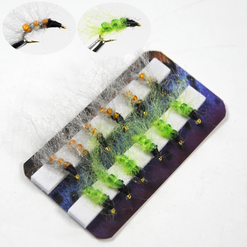 Glass Bead Caddis Larva Pupa Nymph Flies Trout Fishing Lures Size 14 Green & Orange Color