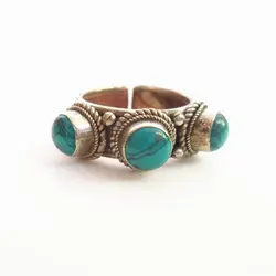 R167 Tibetan Rings Rose Copper Inlaid Three Simulated Turquoise Beads Rings Open Big Size Ring for Man