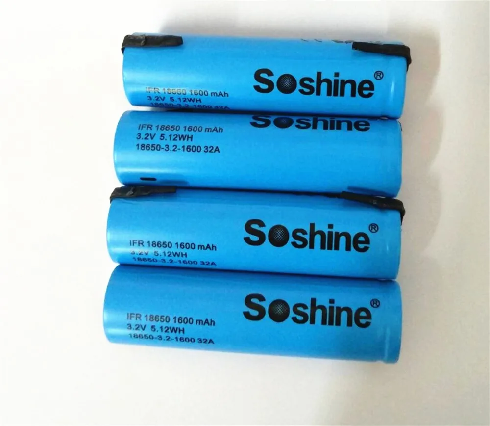 4pcs Soshine LiFePO4 18650 3.2V 1600mAh Rechargeable Battery with tab