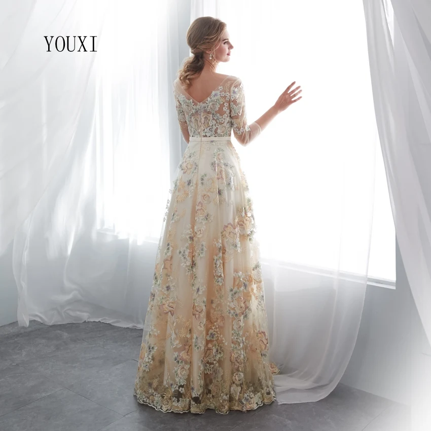 Customized Floral Prom Dresses YOUXI Lace 3/4 Sleeves A-line Champagne Belt Empire Waist Long Evening Gowns Vestido De Formatura