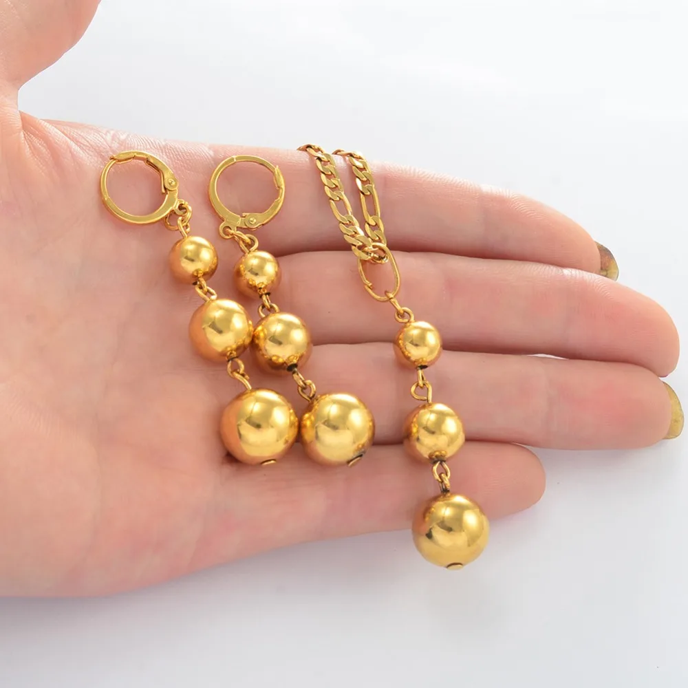 Anniyo Gold Color 3 Ball Jewelry sets Beads Pendant Necklaces Earrings for Women Arab African Ethiopian Jewelry #106406