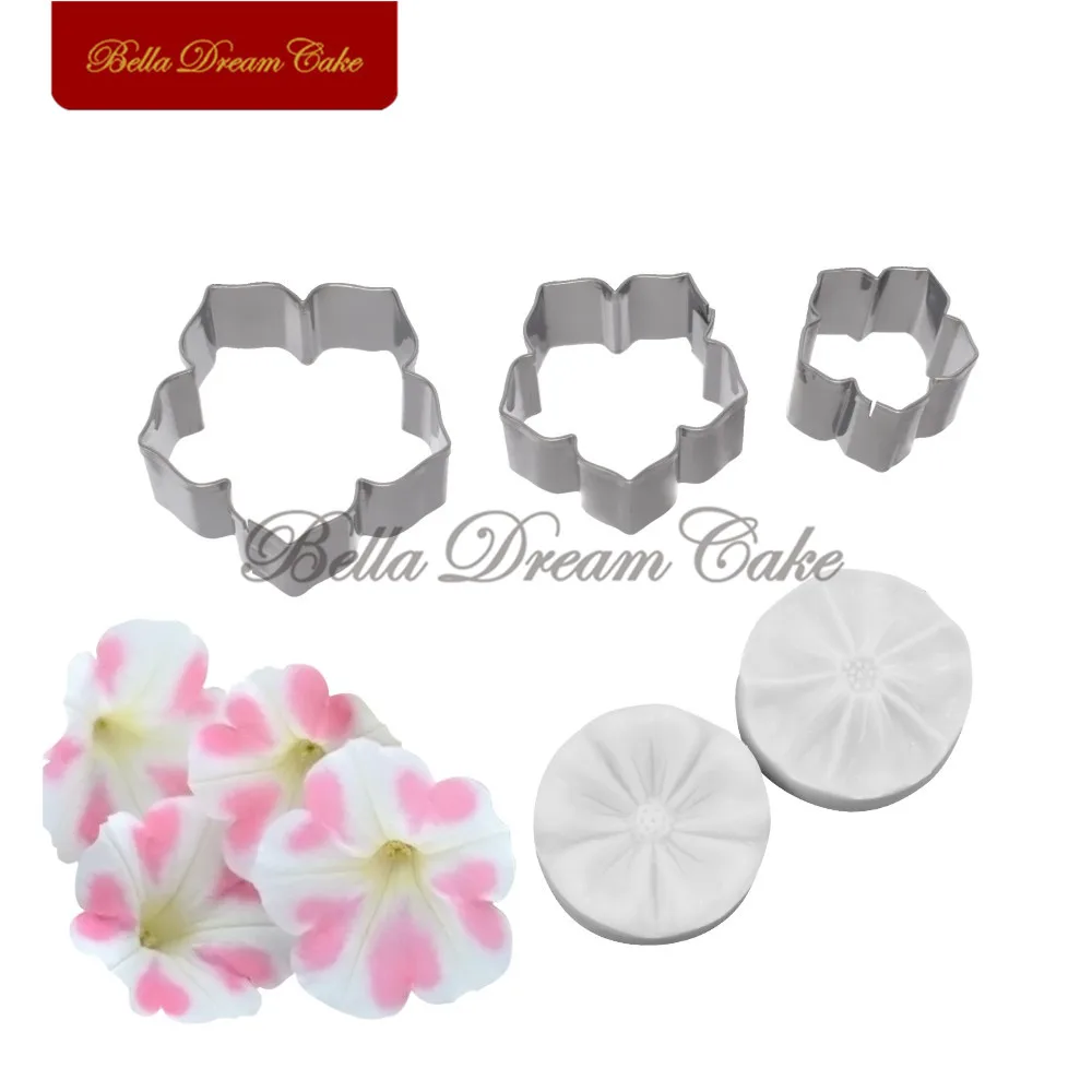 5pcs Petunia Flower Petal Veiner Silicone Molds Stainless Steel Cutter Mold Set Fondant Cake Decorating Tool DIY Handmade Mould