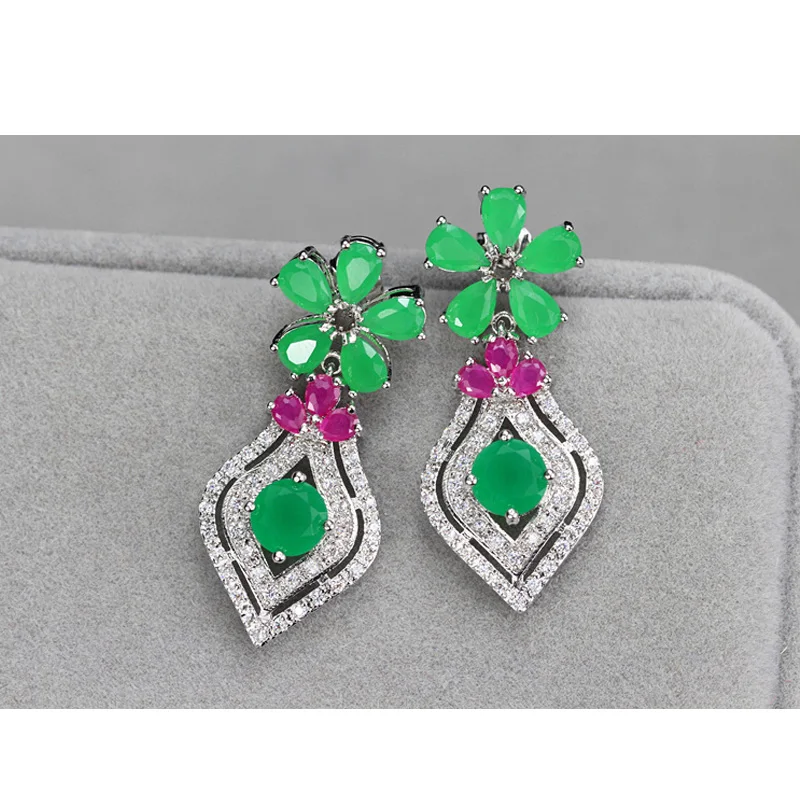 CWWZircons Elegant White Gold Color Cubic Zirconia Green Stone Dangling Flower Drop Earrings Jewelry For Women CZ001