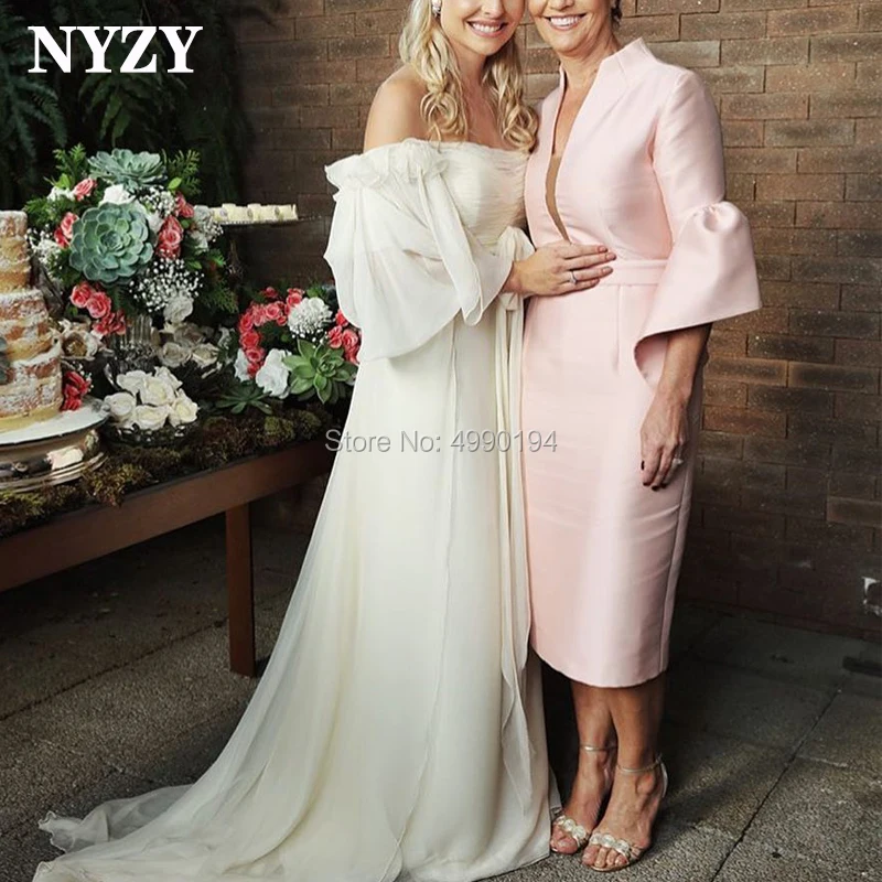 

NYZY M157 Simple Wedding Party Dress Guest Wear Sheath Pink Satin Tea Length Mother of the Bride Dresses abiti mamma della sposa