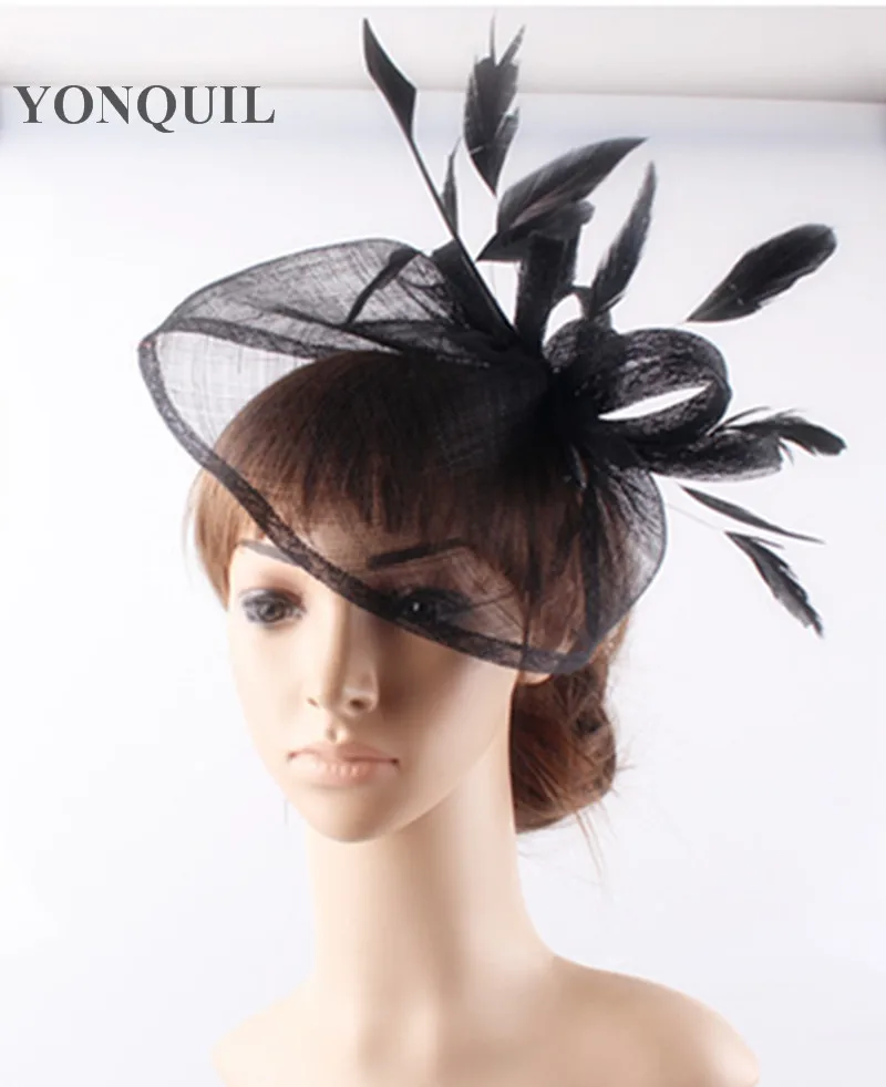 

Women New Vintage Hair Fascaintor Hat Millinery Feather Headbands Sinamay Wedding Party Elegant Bridal Hair Accessories SYF276