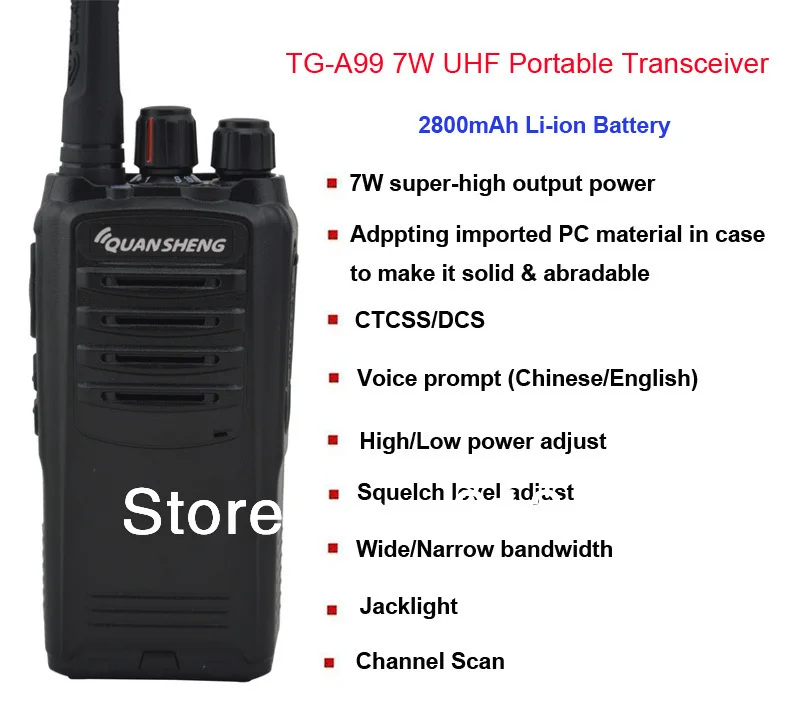 Quansheng 7W TG-A99 UHF Portable Two-way Radio/Handheld walkie talkie with 2800mAh Li-ion Battery