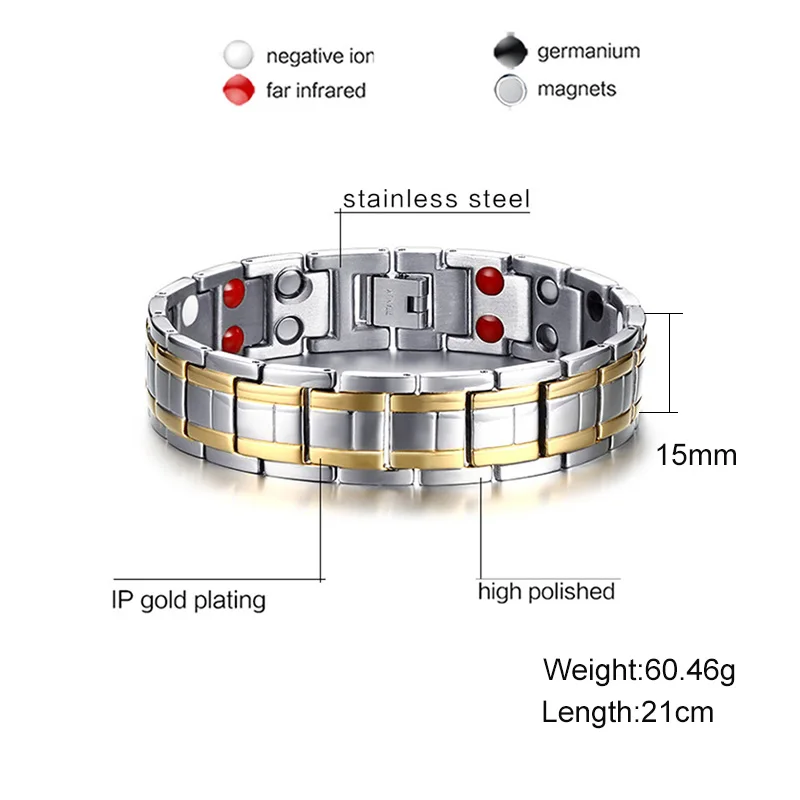 Vinterly Magnetic Bracelet Male Health Energy 15mm Gold-color Chain Wristband High Magnet Germanium Jewelry Stainless Benefits