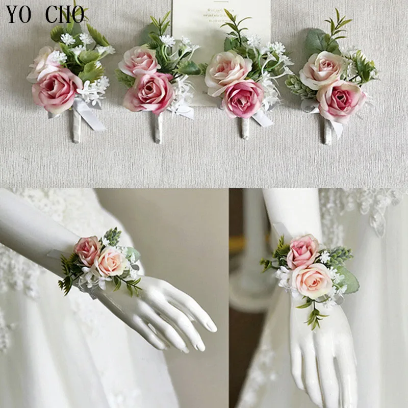 HÌNH CHO Đám Cưới Phụ Kiện Boutonnieres Corsages Hồng Hoa Hồng Vòng Đeo Tay Flore Phù Dâu Phù Rể Hôn Nhân Lụa Cổ Tay Corsages