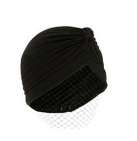 Free Shipping 2018 New Fashion India Hat Black Women Ladies Turban Hat With Mesh Veil Detail Cap