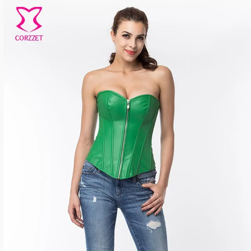 Verde Corsetto di Cuoio Sexy Lingerie Zipper Punk Corsetti E Bustini Gotico Abbigliamento Korsett Per Le Donne di Corsetto Plus Size 6XL