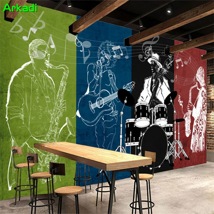 

Korean Art Instruments Graffiti Wallpaper Rock Music Elements Retro KTV Bar Cafe Living Room Bedroom Background Wall Paper