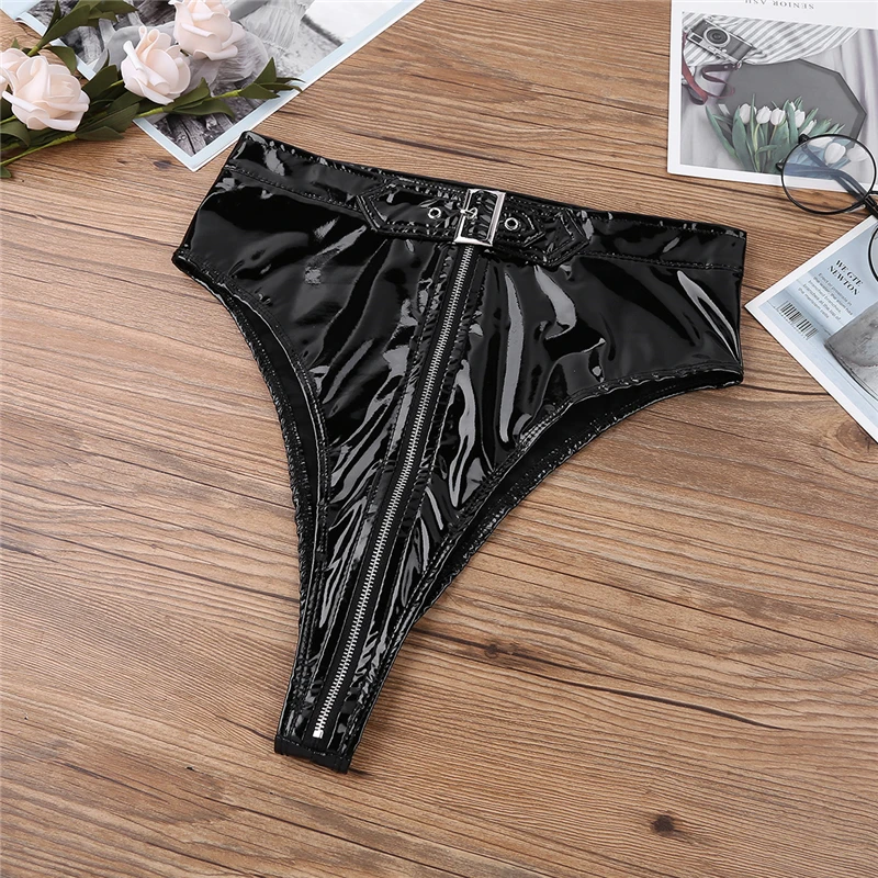 Kobiety bielizna majtki Sexy Wetlook PVC o wysokim kroju zapinana na zamek z paskiem figi bielizna kalesony damskie moda gothic Clubwear