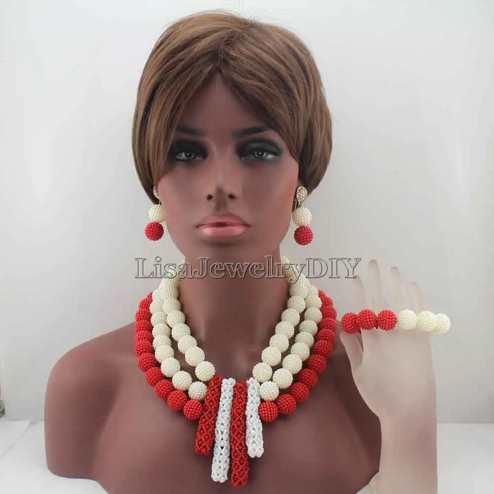 

Fabulous New Red/White Beaded Balls Wedding Statement Necklace Set Gift Fashion Jewelry Birthday Free Shipping HD8175