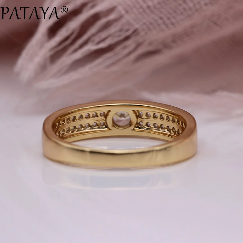 PATAYA New Micro-wax Inlay Luxury Women Rings 585 Rose Gold Color Wedding Fine Fashion Jewelry White Round Natural Zircon Ring