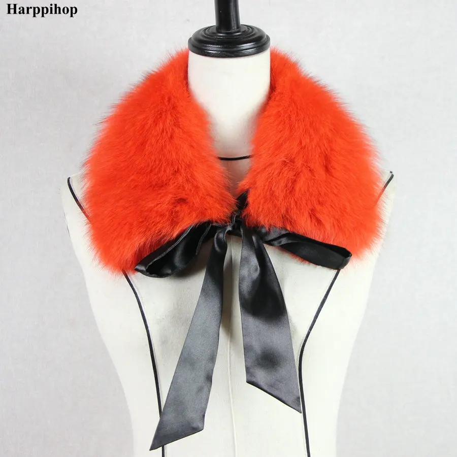 Harppihop*2018 Fashion Fur Scarf Real Raccoon Dog Fur Collars with Ribbon Real Fur Stole for Wool Coats 48CM