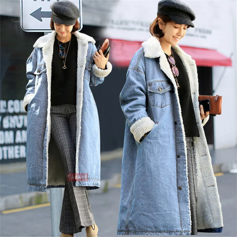 Winter New Denim Jeans Jacket Velvet Thick Coat Women's Warm Loose Overcoat Lamb Cotton Coat Long Jacket W402