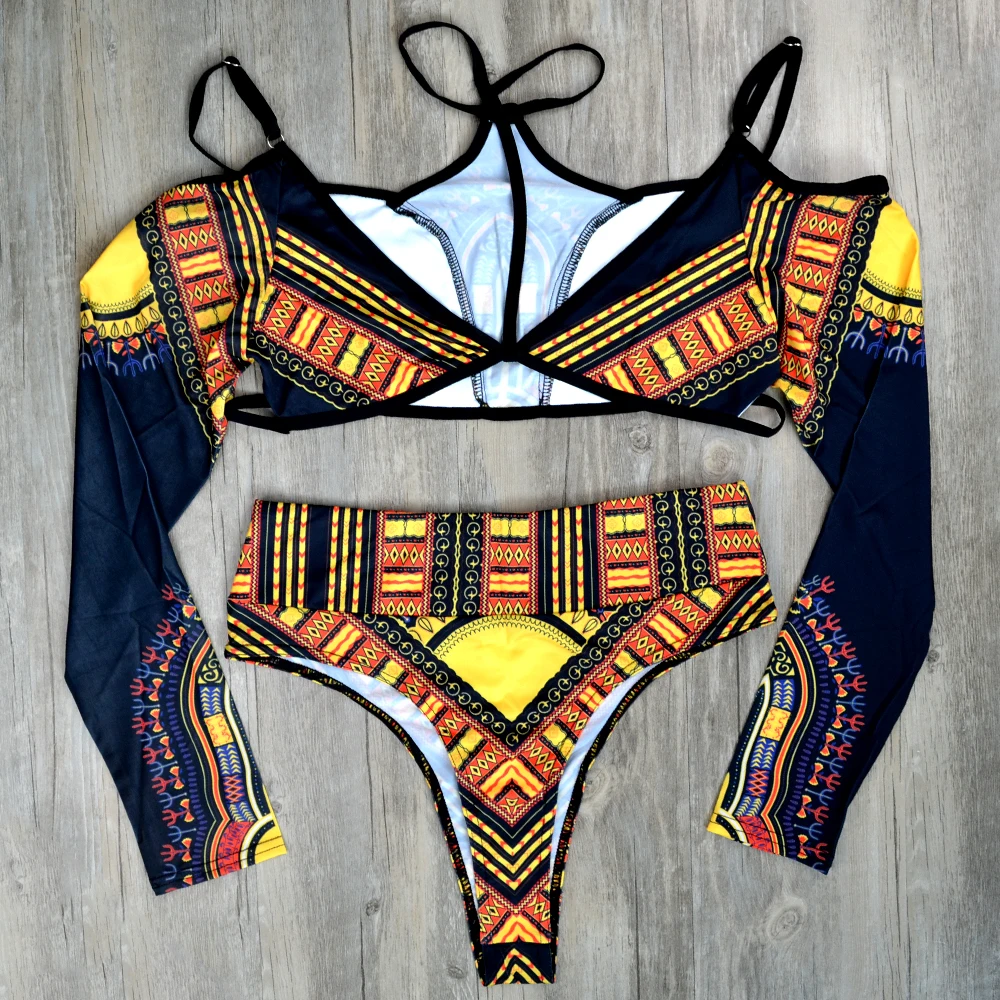 African Drucken Hohe Taille Bikini Frauen Badeanzug Langarm Bademode Weibliche Off Schulter Zwei stück Bikini set Badeanzug Schwimmen