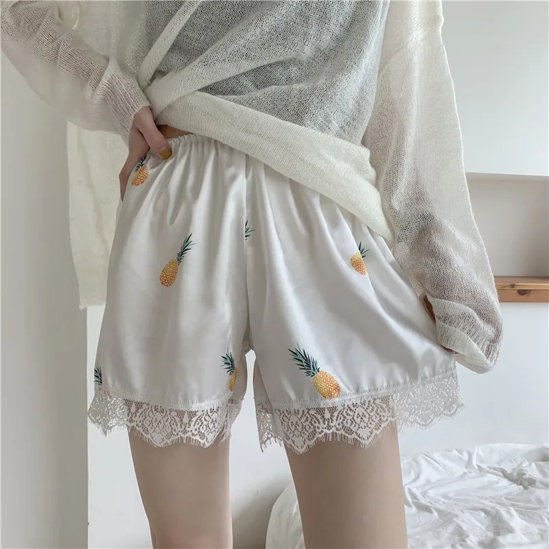 New 2020 Hot Summer Women Lace Bottom Shorts Strawberry Pineapple Shorts Loose Soft Elastic Waist Home Short Pants Female