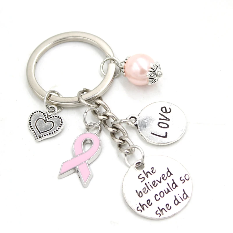 10PCS Wholesale New Arrival Breast Cancer Awareness Jewelry Heart Love Pink Ribbon Charms Key Chain Keyrings Gifts