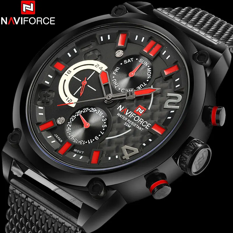 NAVIFORCEC Men 30M Waterproof Sport Watch Men\'s 24 Hour Quartz Watches IP Black Stainless Steel Mesh Band Auto Date Wristwatches