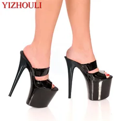 20cm Sexy black shiny nightclub lap-dancing ultra high heels, the lacquer that bake temperament lady Dance Shoes