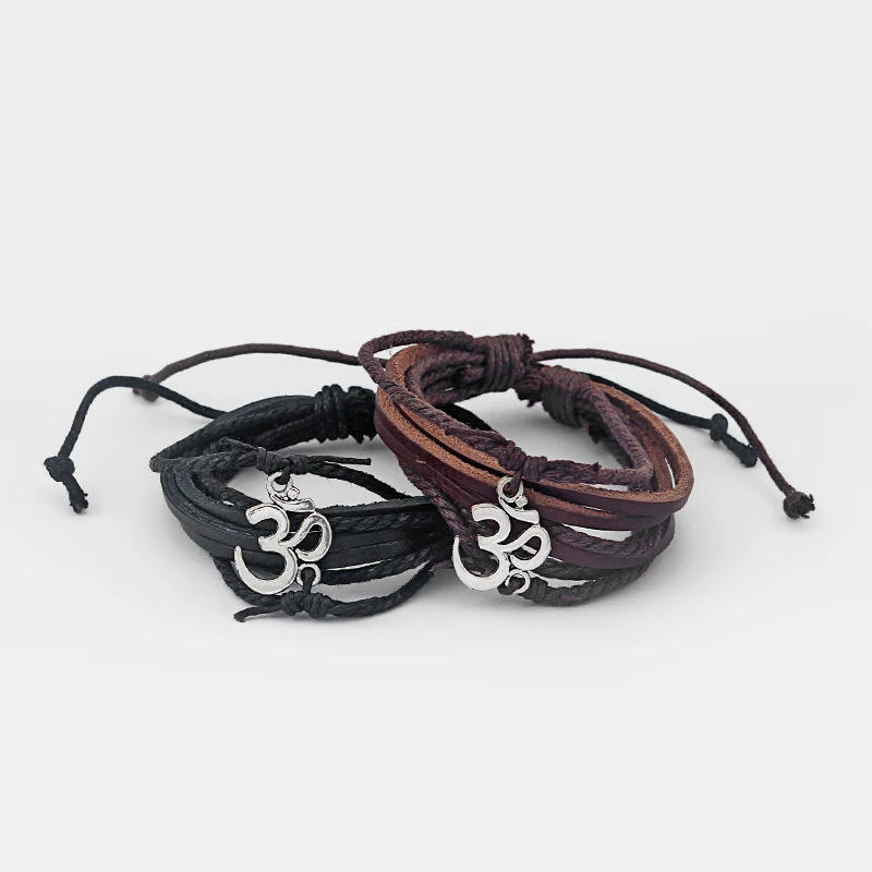 

Black/Brown OM Braided Wrap Leather Bracelets for Men Fashion Rudder Charm Wood Beads Ethnic Tribal Wristbands Jewelry Gifts