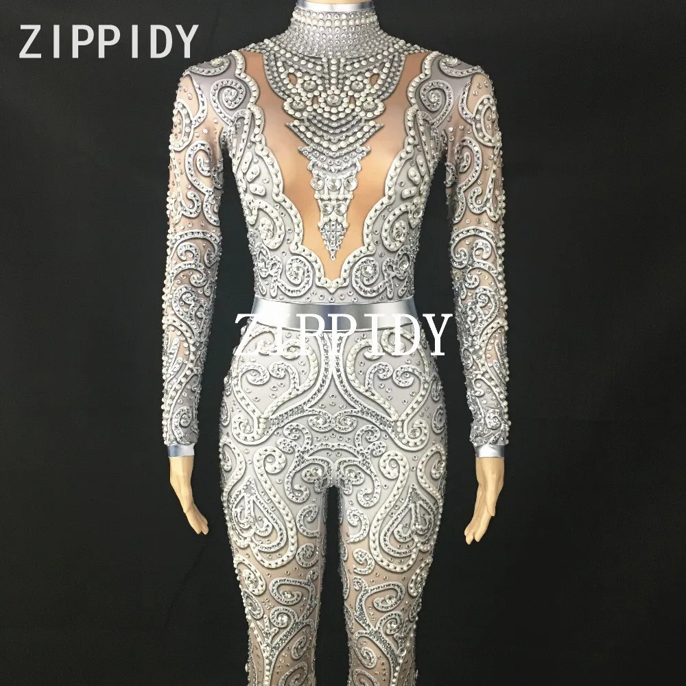 

Sexy Jumpsuit Stage Performance Dance Rompers New Arrive Silver Crystals Bodysuit long Sleeves Birthday Celebrate outfit