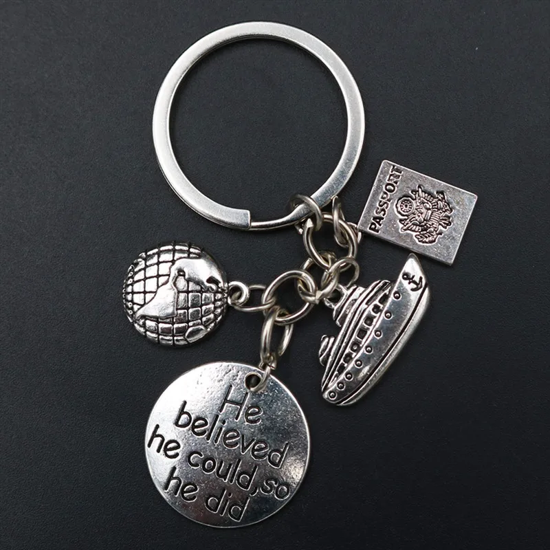 1pcs He Believe He Could So He Did Charm Cruise Ship & Passport & Map Keyring DIY Jewelry Crafts Traveller Keychain K1728