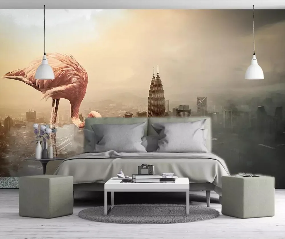 

Nordic modern retro architecture flamingo bedroom wall painting background