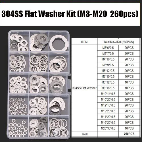 

260 шт./компл. DIN125 M3 M4 M5 M6 M8 M10 M12 M14 M16 M20 304 плоская шайба из нержавеющей стали стандартный набор