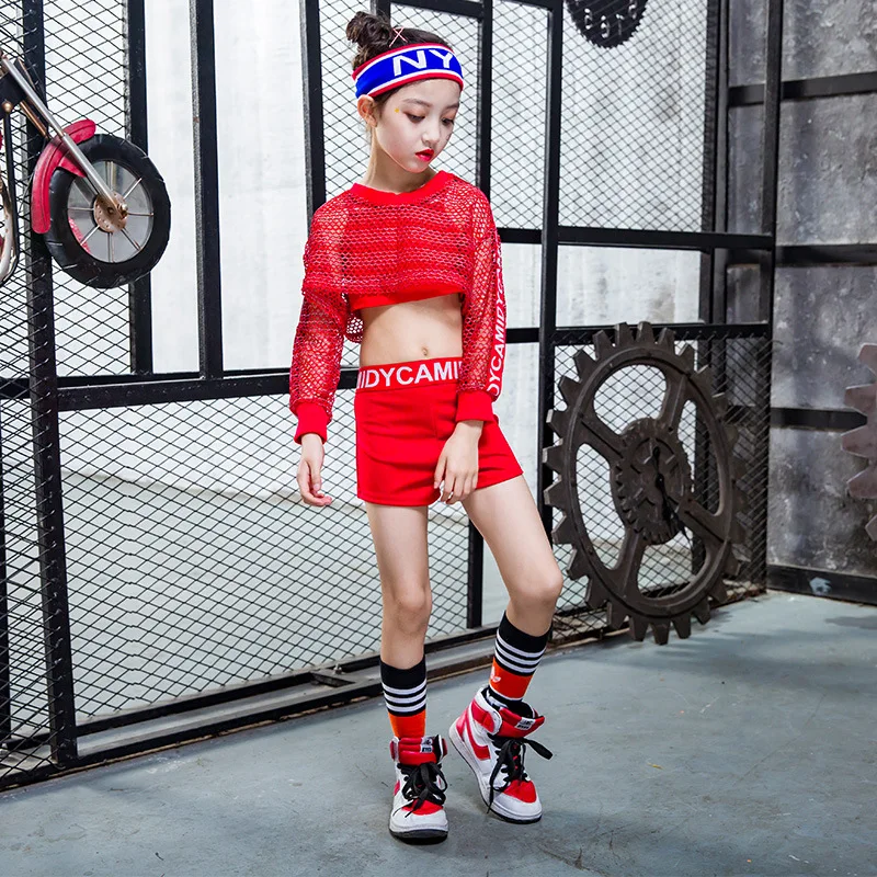 Jazz Dance Costumes Girls Children Hip Hop Costume Kids Street Dance Clothing Stage Show red fishnet coat+vest+shorts 3pcs/set