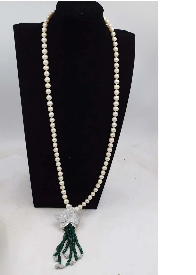 wholesale   freshwater pearl white round 8-9mm and green jades stone tassel  beads   neklace 35inch FPPJ