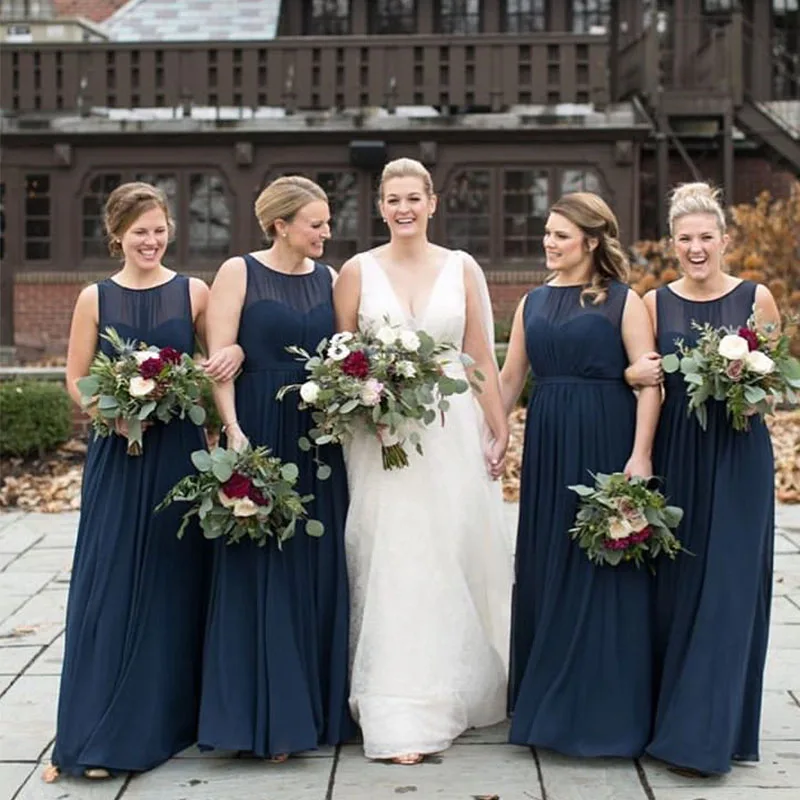 

Navy Blue Elegant Long Bridesmaid Dresses Pleat Chiffon Sleeveless Robe De Soiree Cheap Maid Of Honor Prom Dresses