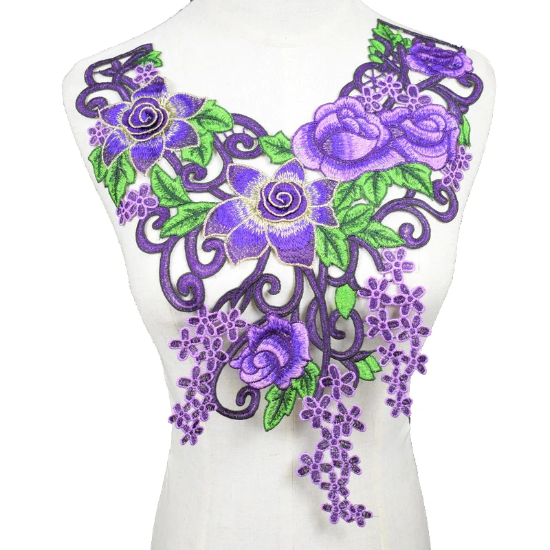 1 Pc Purple Embroidery Neckline Collar Venise Lace Flowers Neckline Applique Trim, Lace Fabric Sewing Supplies