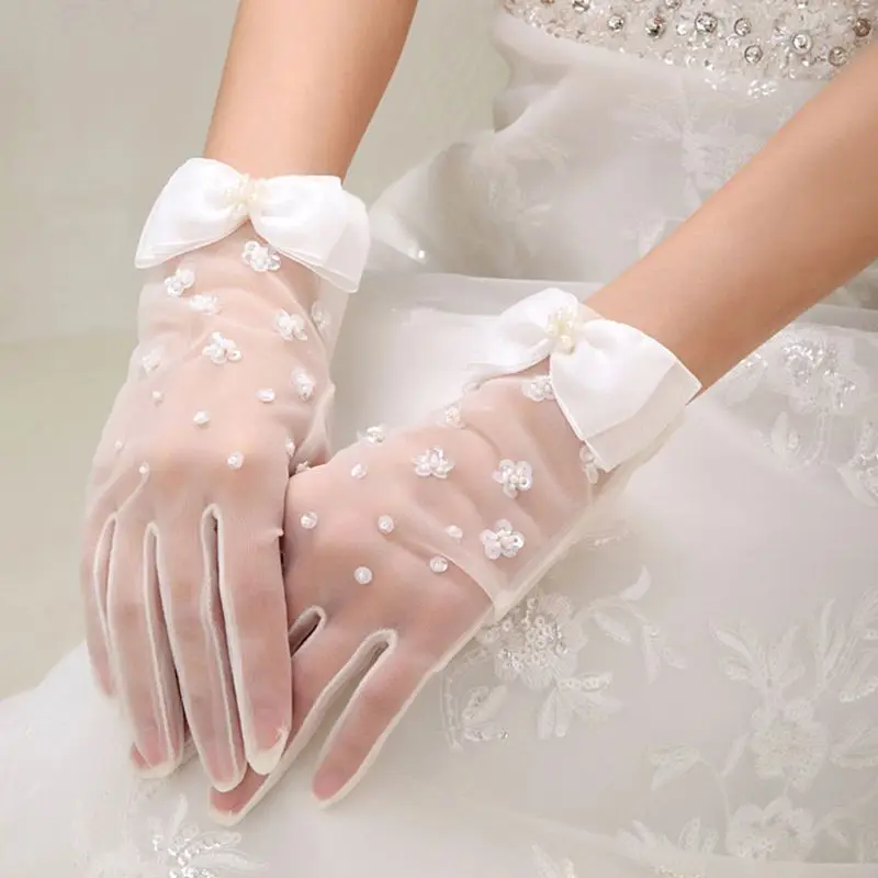 Simple Short Spring Summer Mesh Thin Section Gloves Artificial Pearl Bow New Wedding Dress Bride Glove