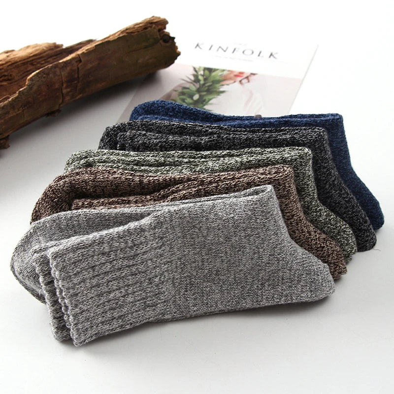 5Pair Men\'s Wool Socks Autumn Winter Warm Business Stripe Thick Male Women Thickened Double Needle High Qualit sock Size EU38-45