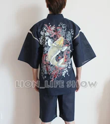 summer Men Japanese Jinbei Kimono Carp  Short Sleeve Pants Sleepwear Pajama Homewear