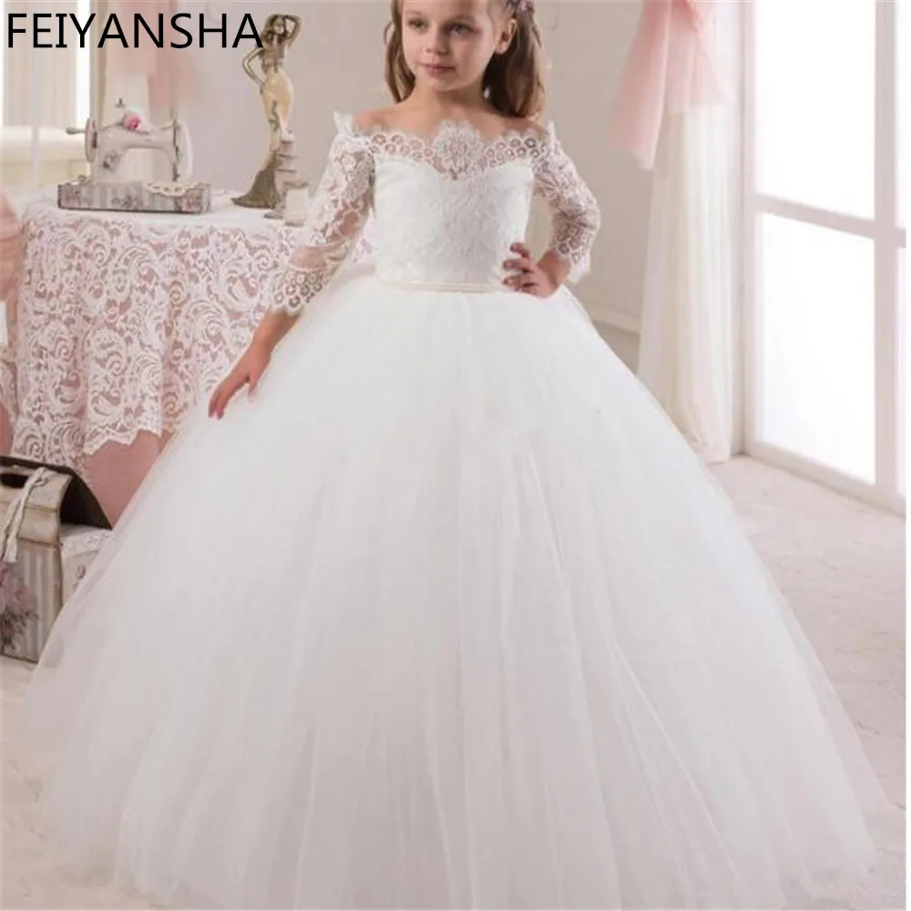 Princess 2022 White Off Shoulder Flower Girl Dresses for Wedding Lace Long Sleeves Girls Birthday Gown First Communion Dress