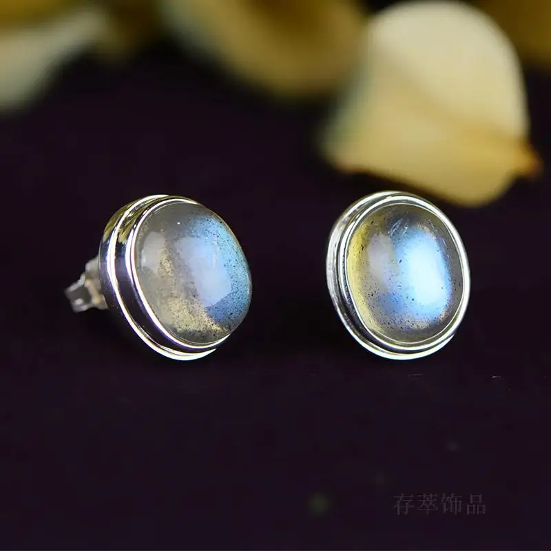 S925 Sterling Silver India Nepal Manual Mosaic Moonlight Labradorite Earrings Stud Earrings Blu-Ray Egg-Shaped Ellipse