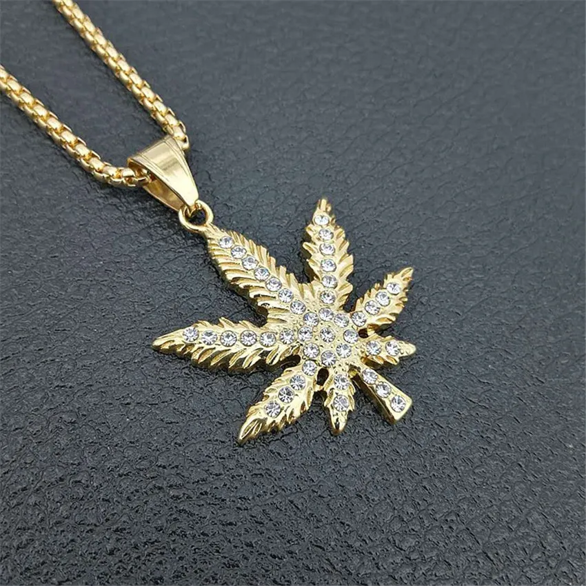 Hiphop Iced Out Bling Hemp Leaf Pendant With Stainless Steel Chain Gold Color Golden Neck Necklace Hippie Jewelry Dropshipping