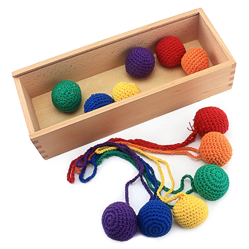 Lot de 12 balles tricotées en bois pour bébés, jouet éducatif éducatif avec boîte, aide pédagogique, couleur, jeux GABE1 2-4